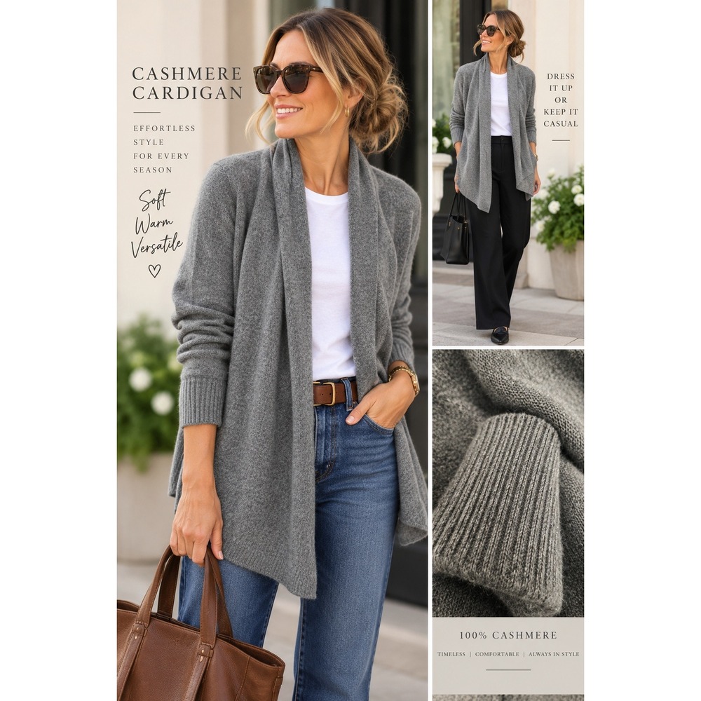 Tahari 100% Cashmere Open Front Cardigan Sweater Gray Shawl Collar Large L